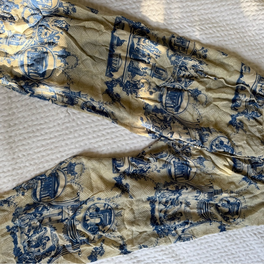 ONE HUNDRED STARS 
Blue and Cream Toile Print drawstring Pants